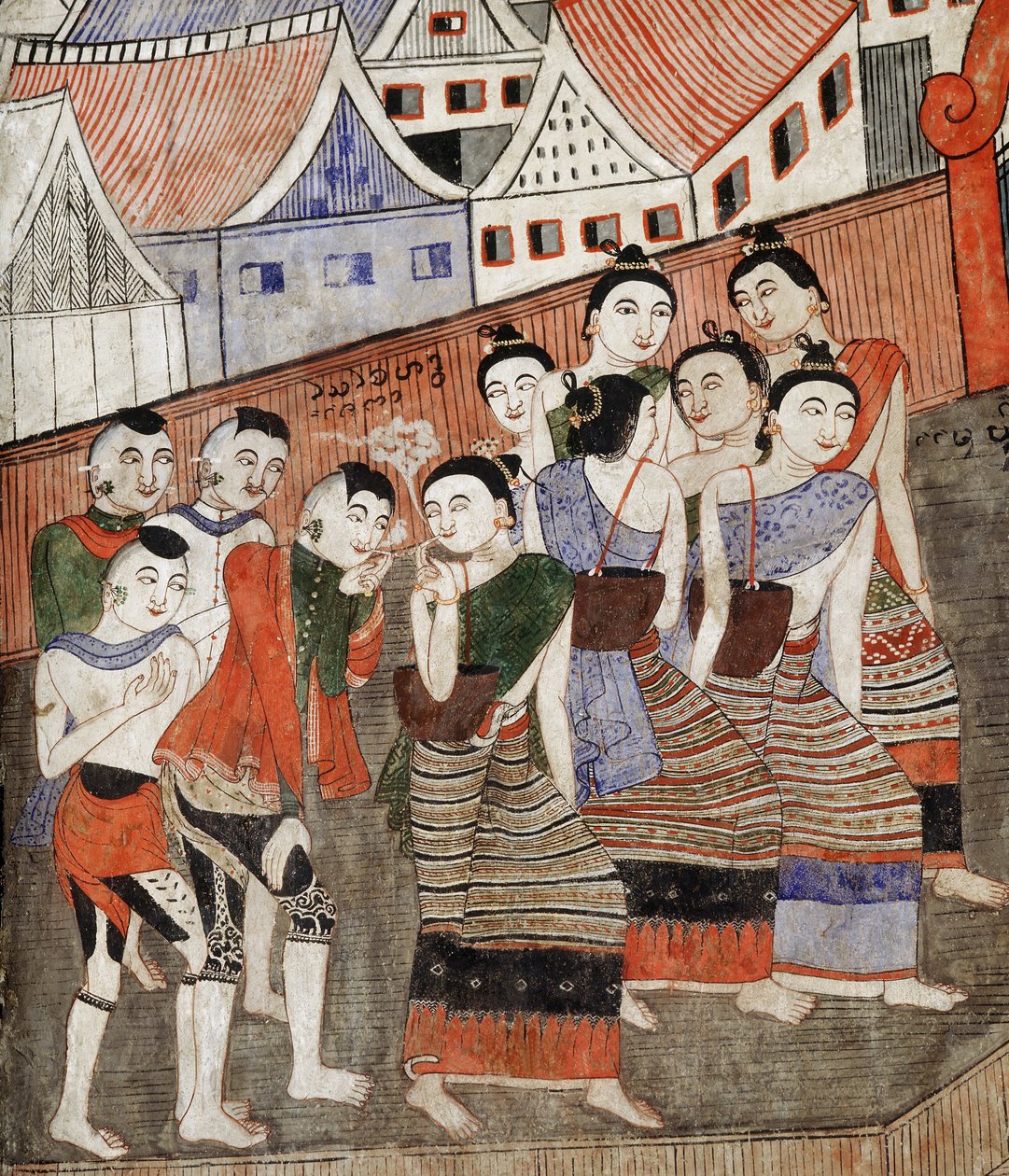 恋人吸烟，从Wat Phumin（壁画）的壁画细节 作者 泰国学校