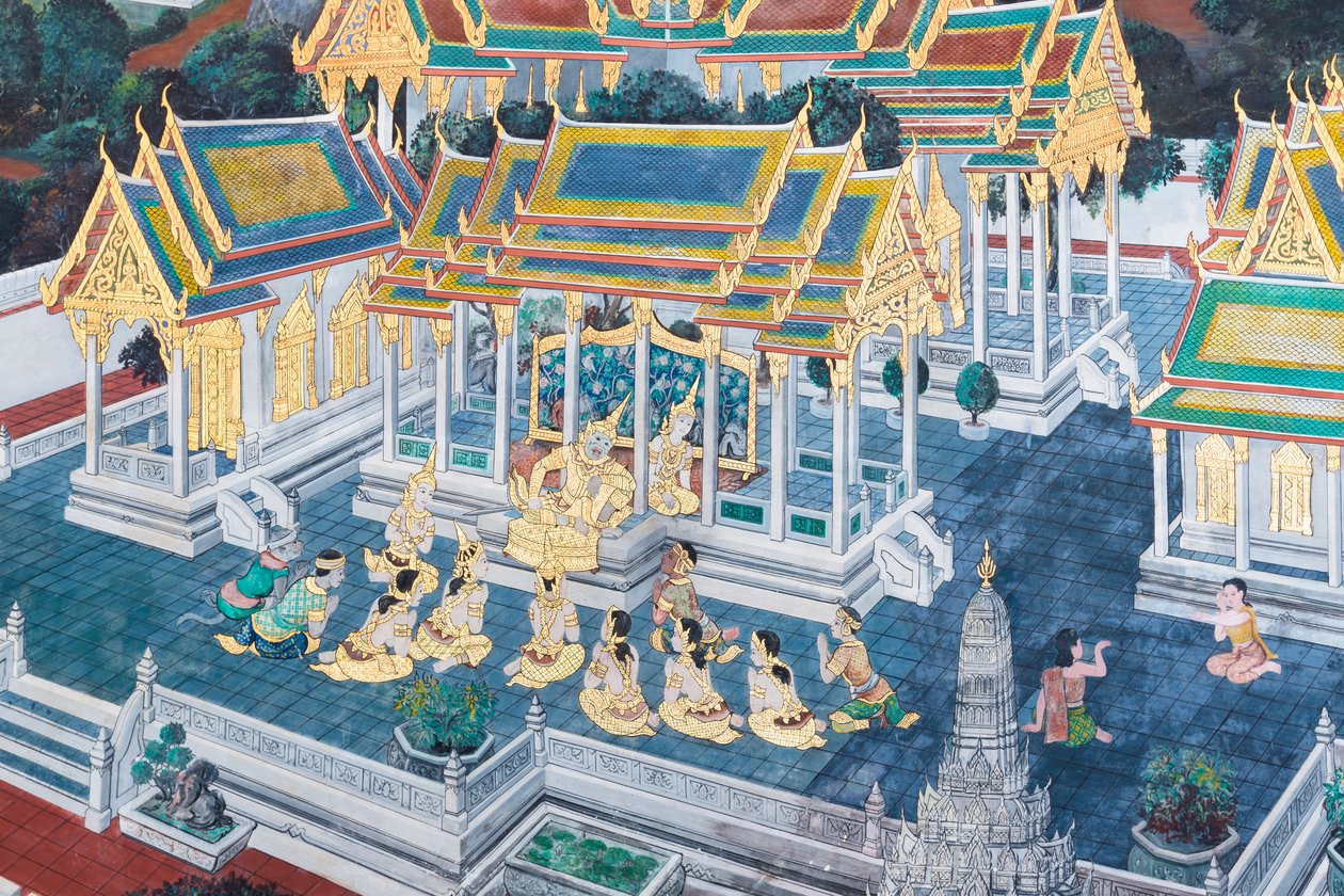 泰国曼谷大皇宫的壁画，描绘了罗摩衍那的场景 作者 泰国学校