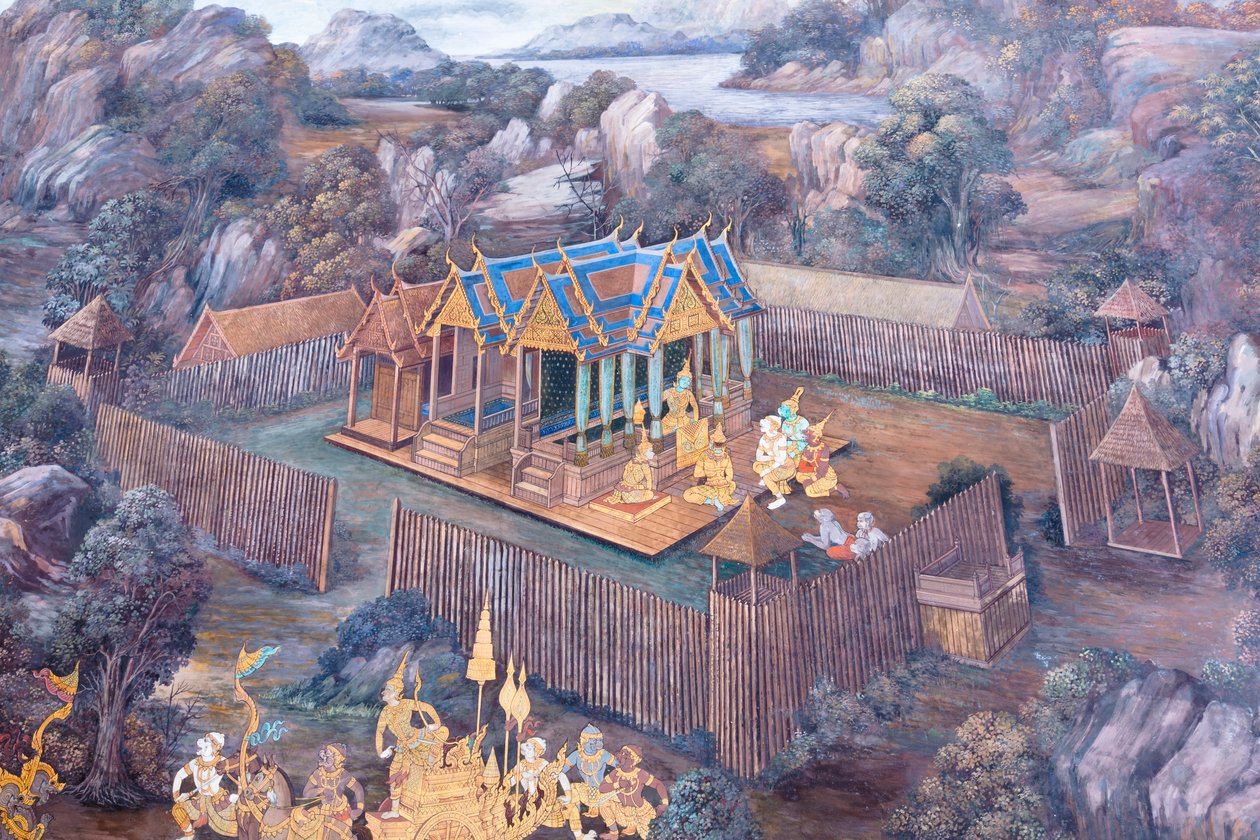 泰国曼谷大皇宫的壁画，描绘了罗摩衍那的场景 作者 泰国学校