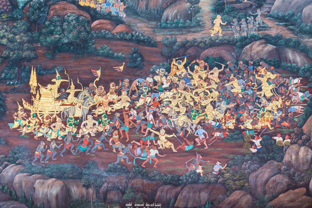 Mural depicting scenes from the Ramayana at Wat Phra Kaeo, the Royal Grand Palace, Bangkok, Thailand   1460465   zh       chinese Successfully Translated  Original: View of Shepperton on the River Thames Translat: View of Shepperton on the River Thames 143 作者 泰国学校