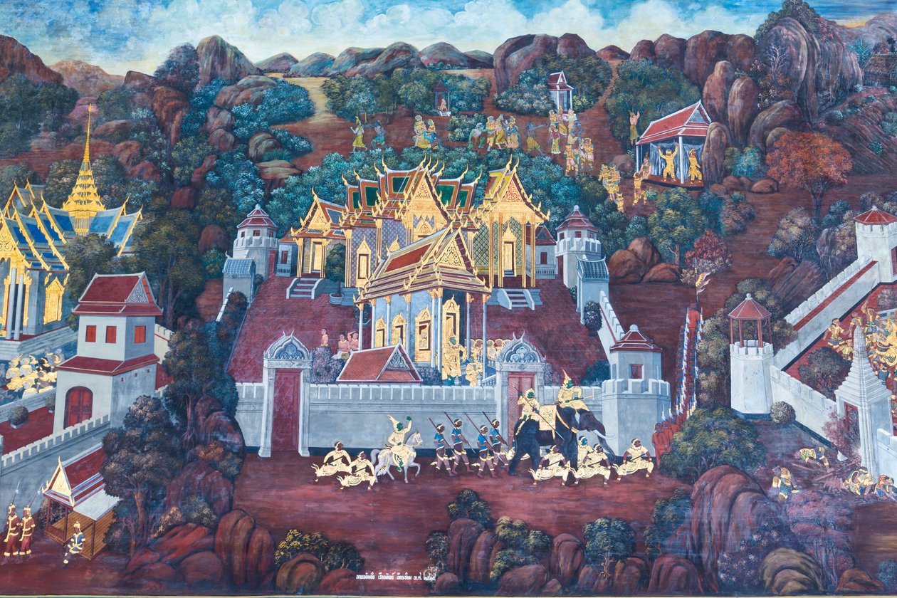 泰国曼谷大皇宫的壁画，描绘了罗摩衍那的场景 作者 泰国学校