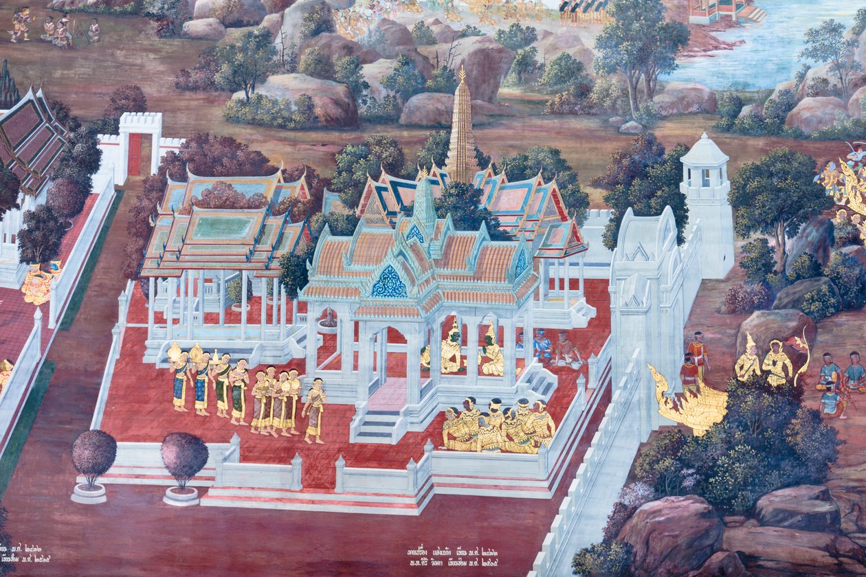泰国曼谷大皇宫的壁画，描绘了罗摩衍那的场景 作者 泰国学校