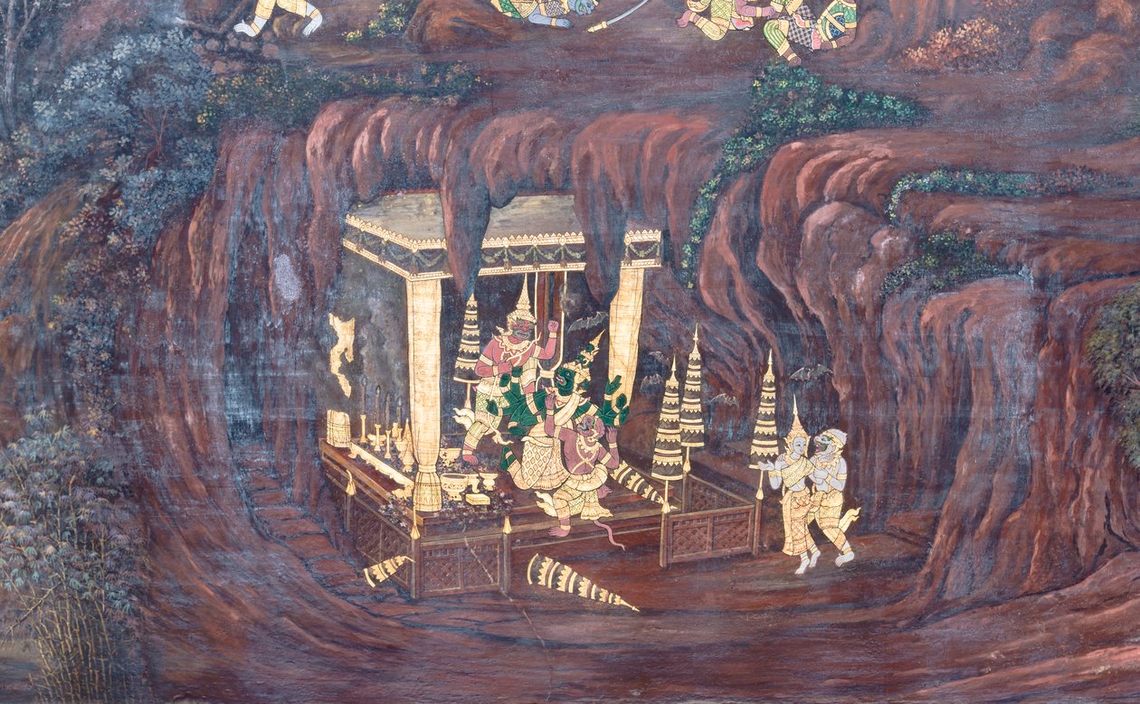 泰国曼谷大皇宫的壁画，描绘了罗摩衍那的场景 作者 泰国学校
