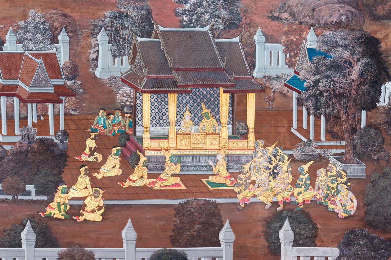 泰国曼谷大皇宫的壁画，描绘了罗摩衍那的场景 作者 泰国学校