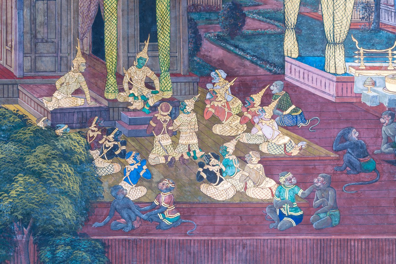 泰国曼谷大皇宫的壁画，描绘了罗摩衍那的场景 作者 泰国学校