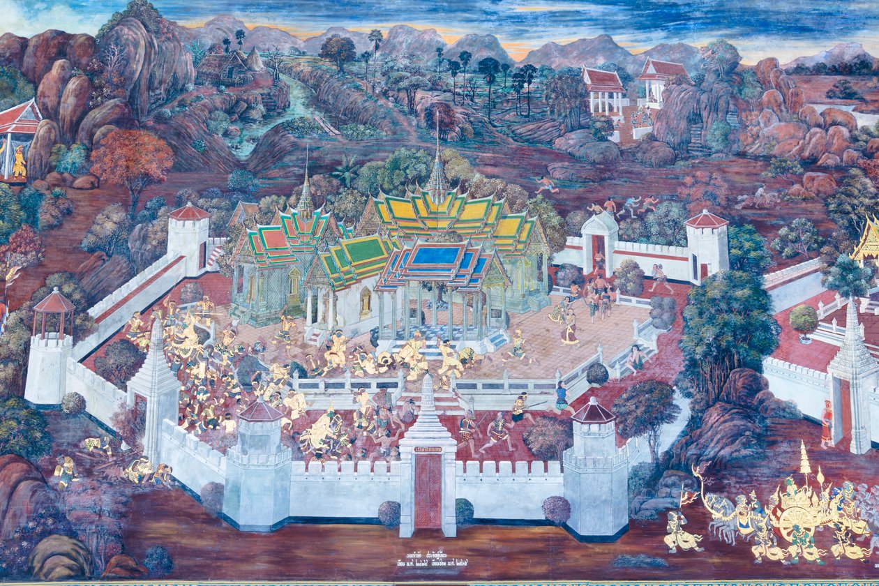 泰国曼谷大皇宫的壁画，描绘了罗摩衍那的场景 作者 泰国学校