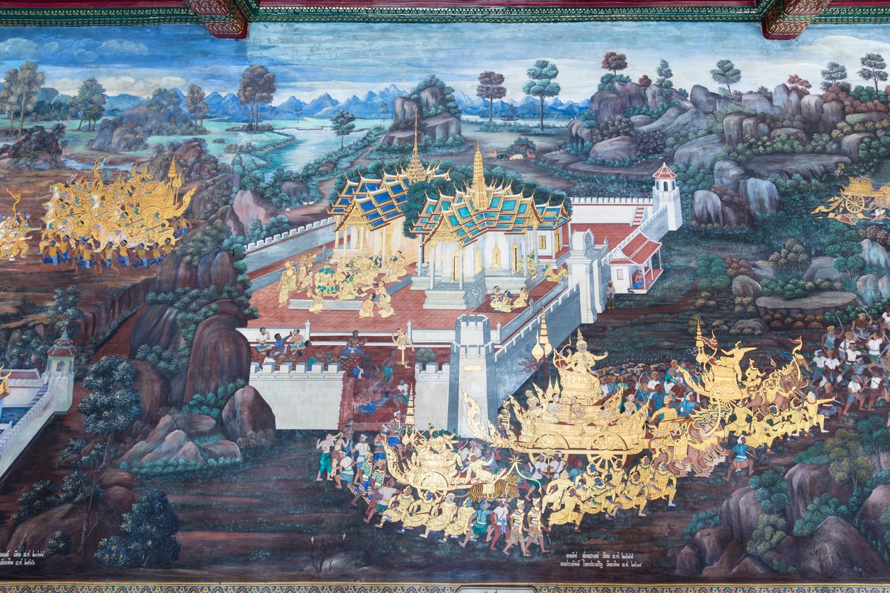 泰国曼谷大皇宫的壁画，描绘了罗摩衍那的场景 作者 泰国学校