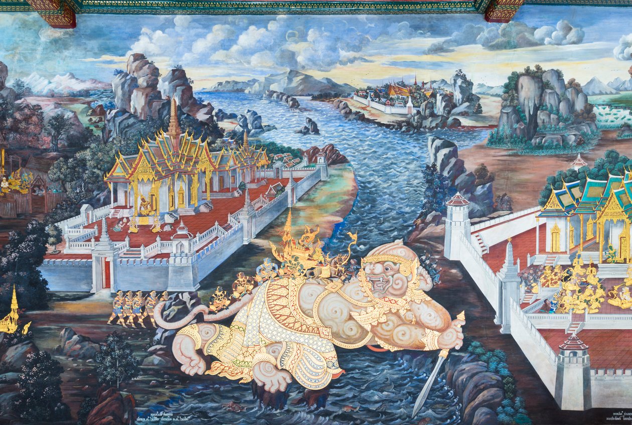描绘泰国曼谷大皇宫帕卡欧寺《罗摩衍那》场景的壁画 作者 泰国学校