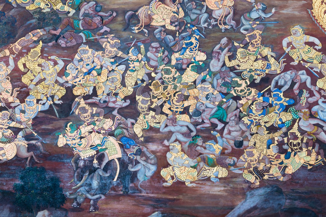 描绘泰国曼谷大皇宫帕卡欧寺《罗摩衍那》场景的壁画 作者 泰国学校