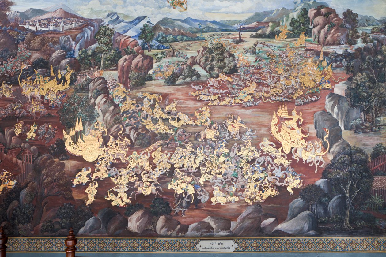 描绘泰国曼谷大皇宫帕猜寺《拉玛西亚》场景的壁画 作者 泰国学校