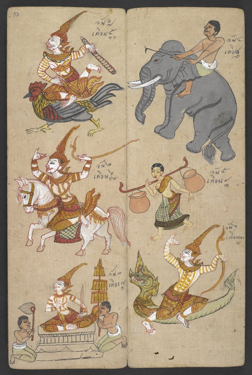 或 16455 页 f.10r，黄道十二宫中的动物，出自 Phrommachat（羊皮纸）。 作者 泰国学校