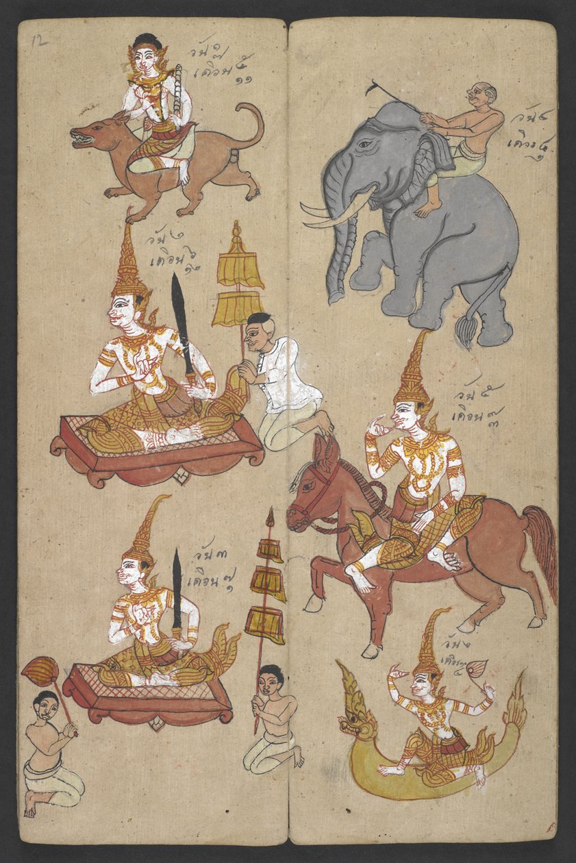 或 16455 f.12r, 十二生肖中的动物，出自 Phrommachat（羊皮纸）。 作者 泰国学校