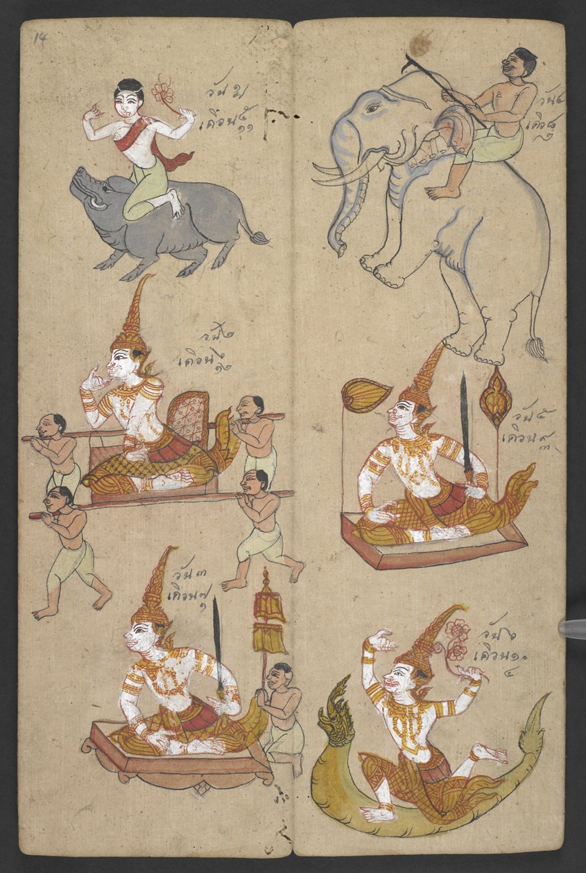 或 16455 f.14r，黄道十二宫中的动物，来自 Phrommachat（羊皮纸）。 作者 泰国学校