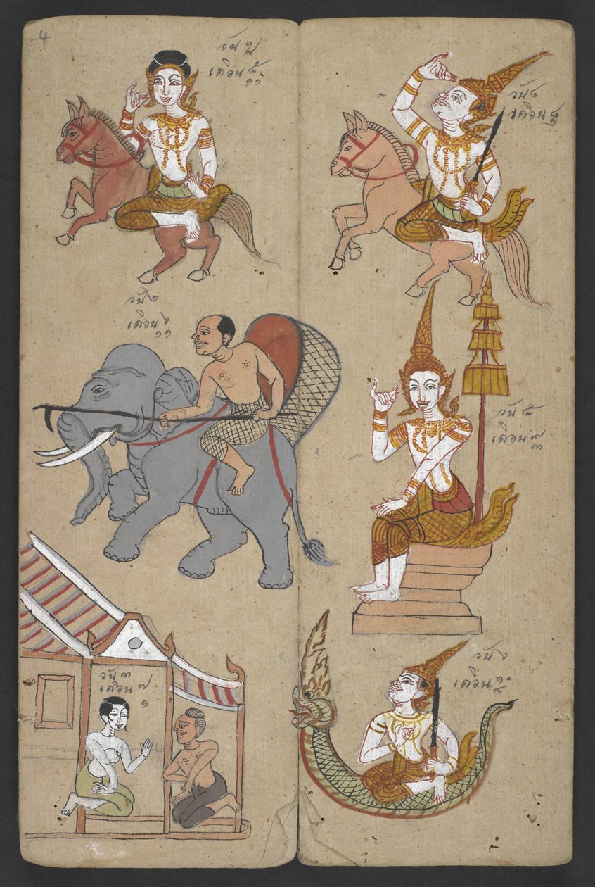 或 16455 f.4r, 十二生肖中的动物，出自 Phrommachat（羊皮纸）。 作者 泰国学校