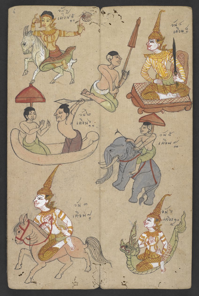 或 16455 f.6r，黄道十二宫中的动物，选自 Phrommachat（羊皮纸）。 作者 泰国学校