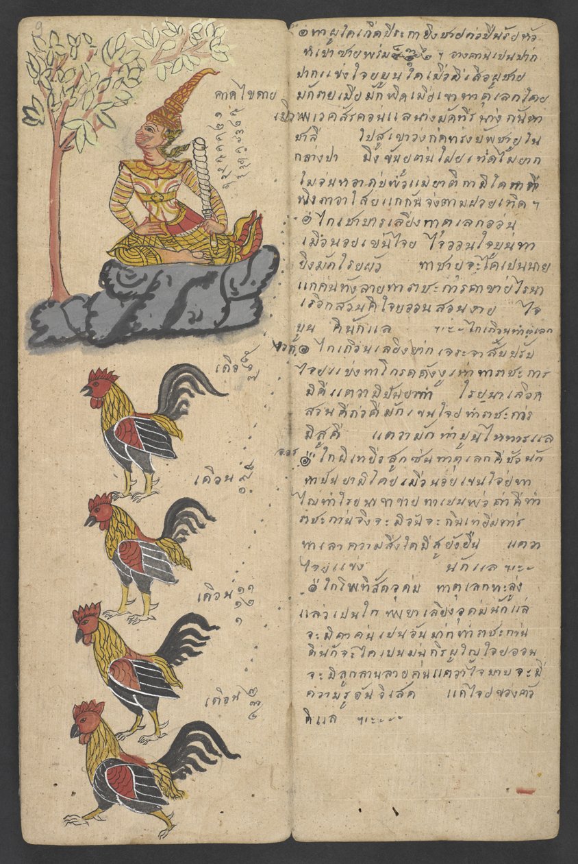 或 16455 页 f.9r，黄道十二宫的动物，出自 Phrommachat（羊皮纸）。 作者 泰国学校