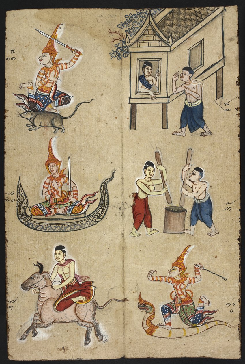 或 4830 "泰国占卜手册 (Phrommachat)，其中包含基于中国十二生肖的星座运势"（纸张上的墨水和彩色图案） 作者 泰国学校