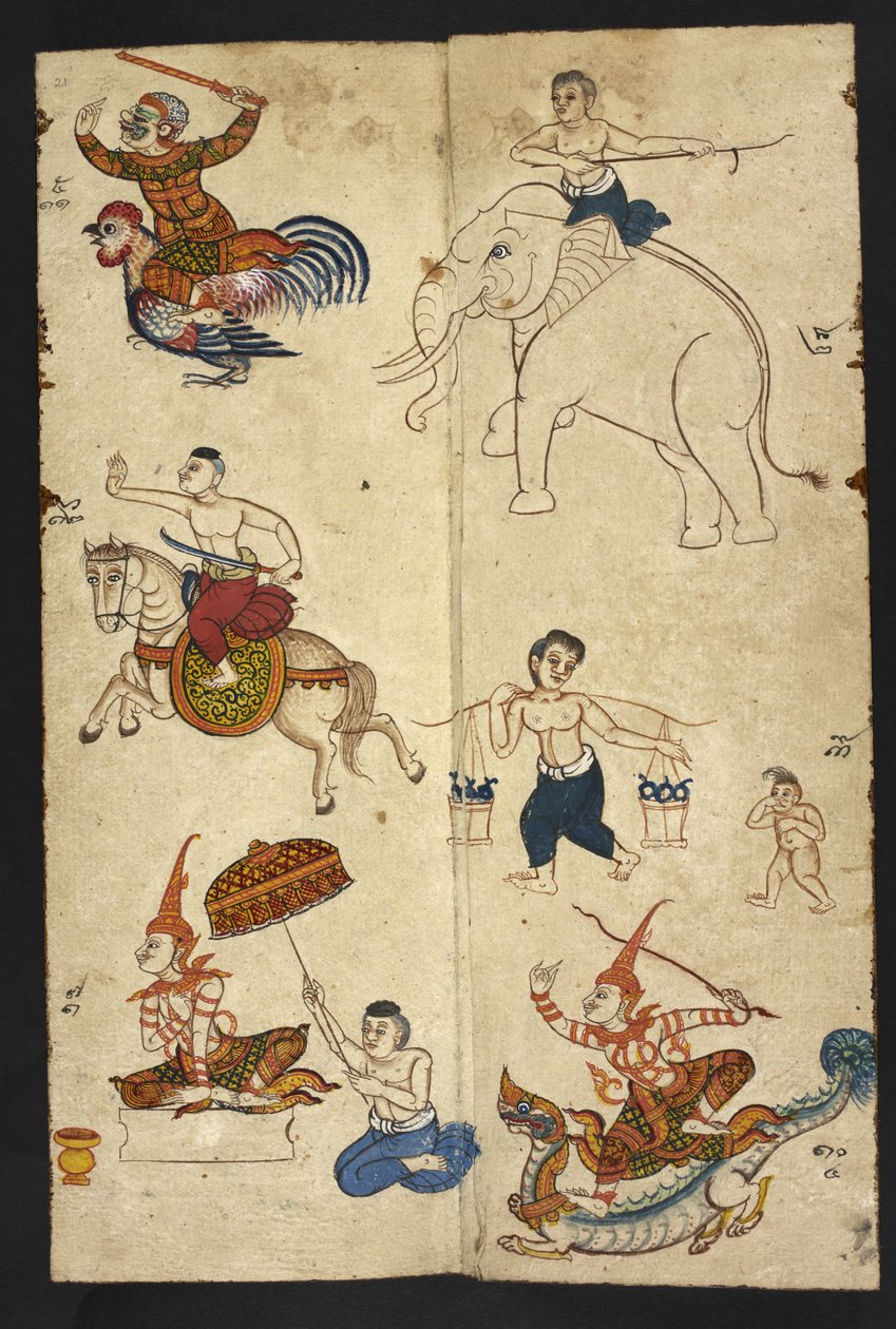 或 4830 f.21 鸡年，选自 "泰国占卜手册 (Phrommachat)，其中包含基于中国生肖的星座运势"（纸张上的墨水和彩色图案） 作者 泰国学校