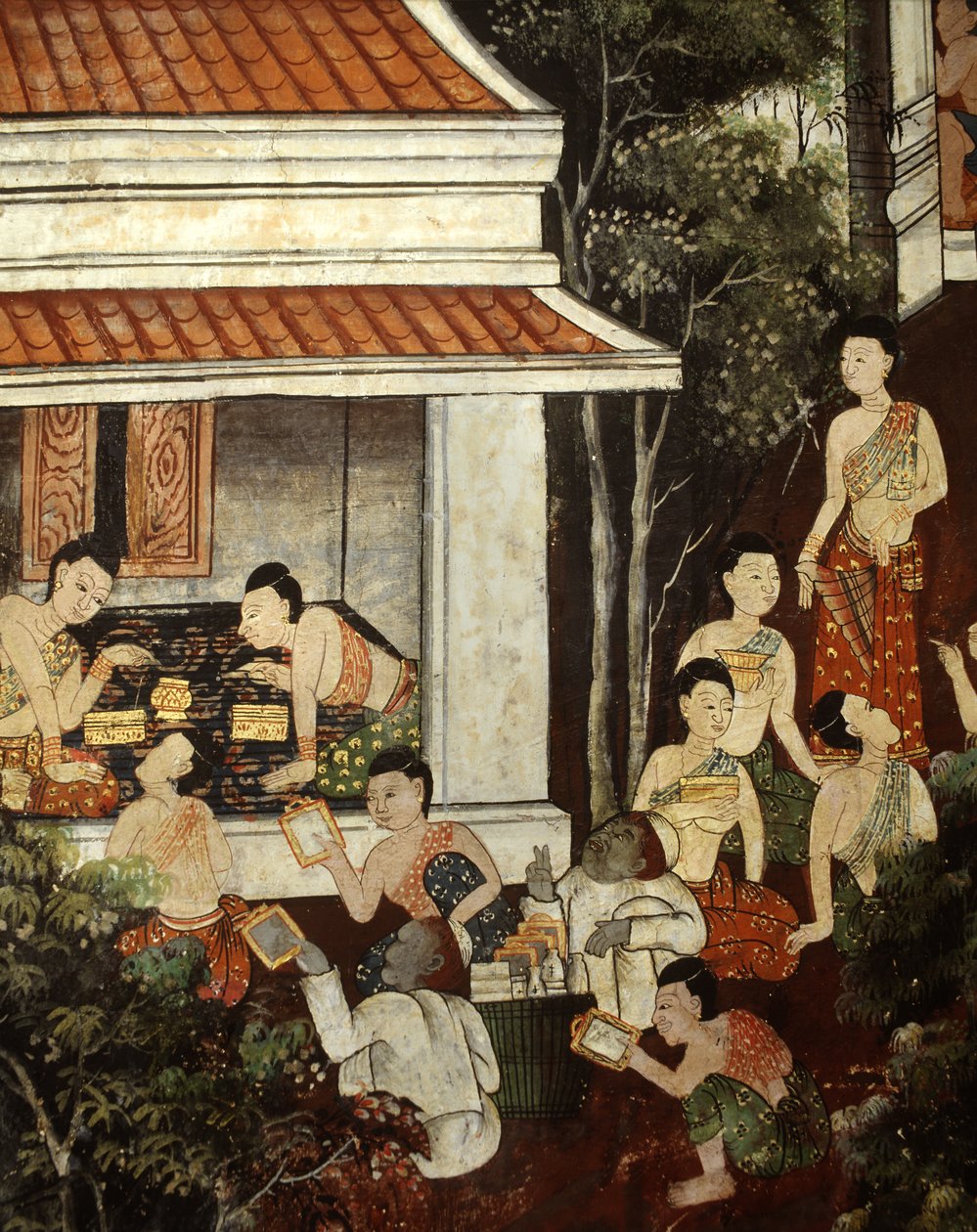 宫廷女士购买穆斯林商人的珠宝和镜子，Rattanakosin风格（壁画） 作者 泰国学校