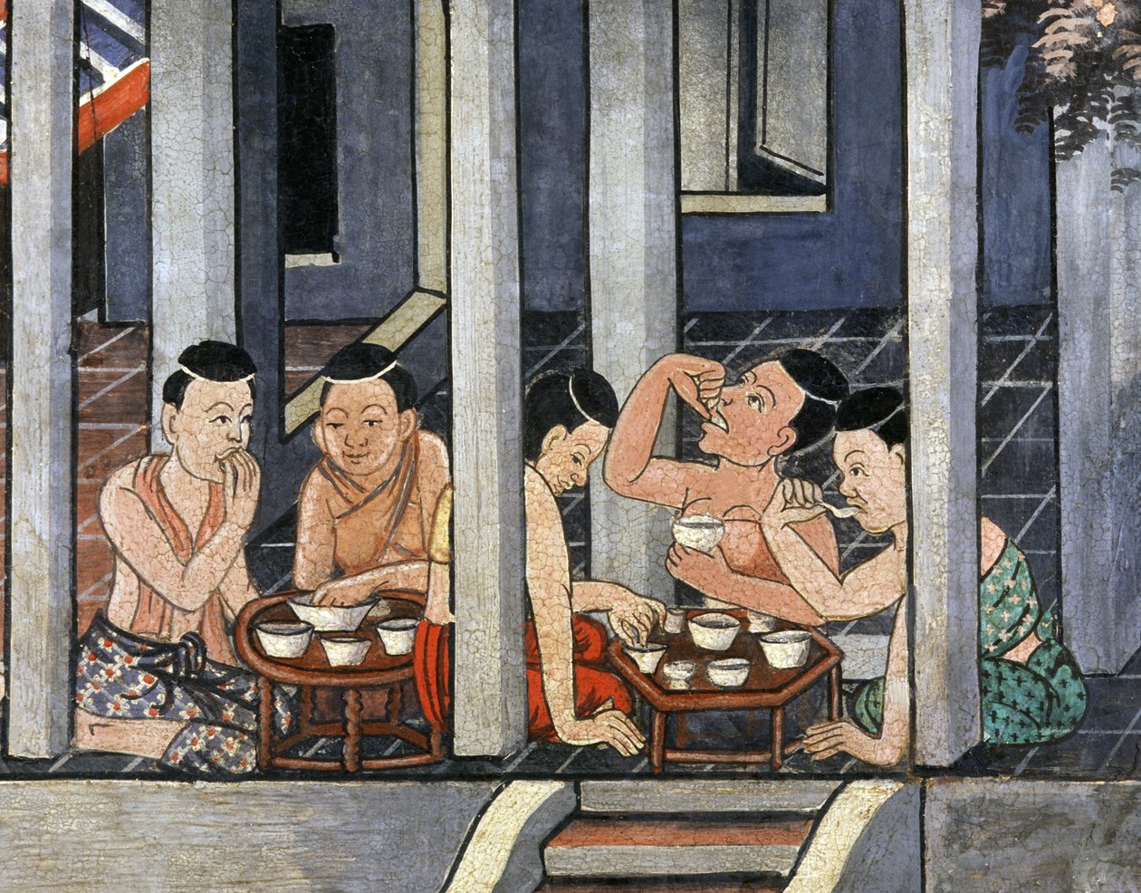 人们在低圆桌吃饭叫做Kantoke，19世纪中期（壁画） 作者 泰国学校