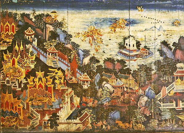 描绘《拉玛基恩》场景的衣柜后板（板面油画） 作者 泰国学校