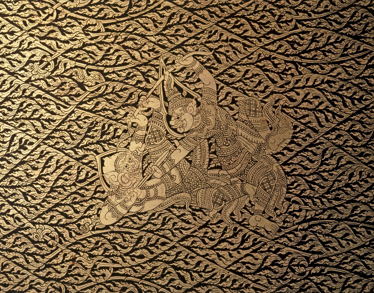 泰国艺术：罗摩衍那》中的一个情节，带有克拉纳装饰。书箱，曼谷圣... 作者 泰国学校