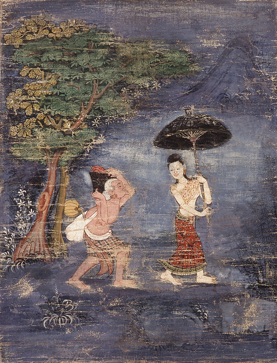 老年人Brahmin Jujaka跟随他年轻的妻子（在布上画画） 作者 泰国学校