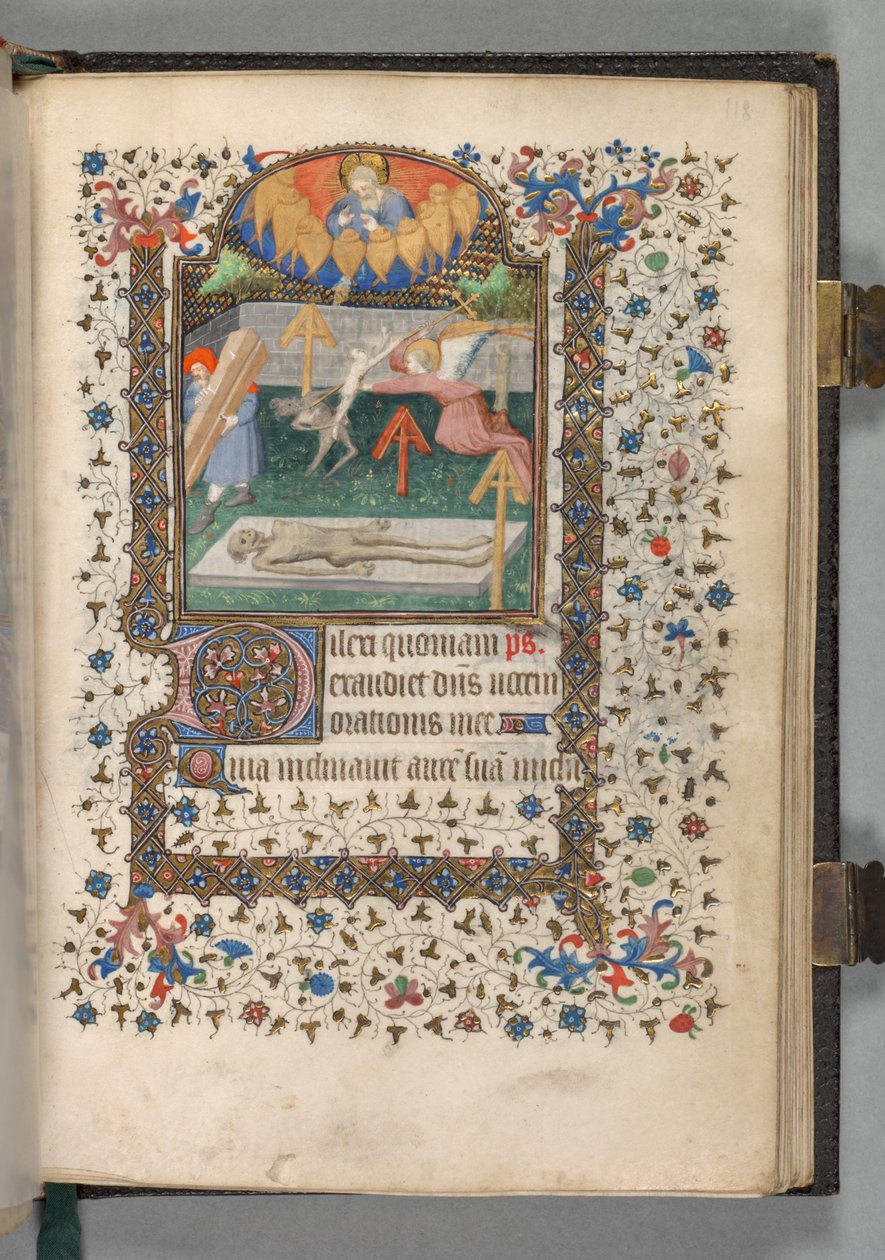 时辰表（巴黎使用）：Fol.118r，天使与魔鬼争夺灵魂 作者 贝德福德大师