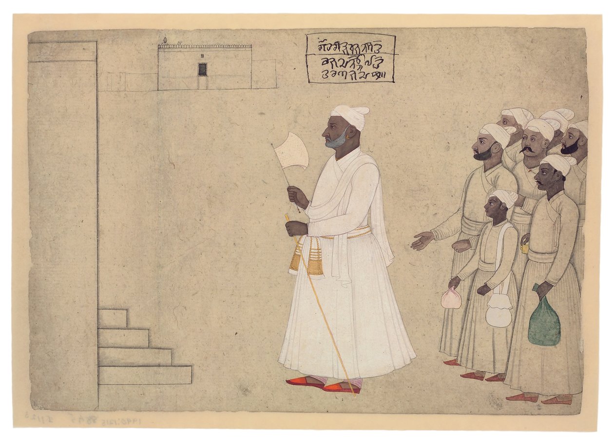 潘迪特·哈里·萨兰（Pandit Hari Saran）接近一座宫殿，编号为1755-60（纸上不透明的黄金和黄金） 作者 纳因素赫家族