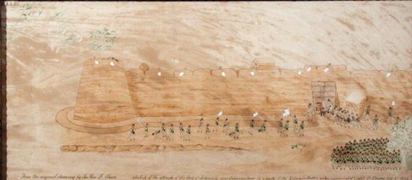 1824年10月3日攻打库尼亚的草图（纸上水彩画） 作者 弗雷德里克·肖尔爵士