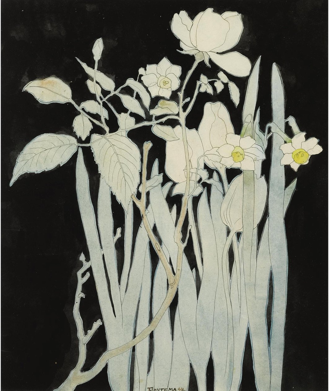 水仙和玫瑰 par Hoytema, Theo van (1863-1917)。纸面水彩和墨水，尺寸 : 27,5x23 作者 西奥·范·霍特玛