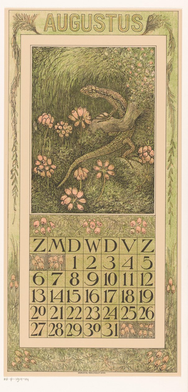 带有蜥蜴和荒地的八月日历页
1911 年日历 12 幅石版画，作者 Th. v. Hoytema（系列标题） 作者 西奥·范·霍特玛
