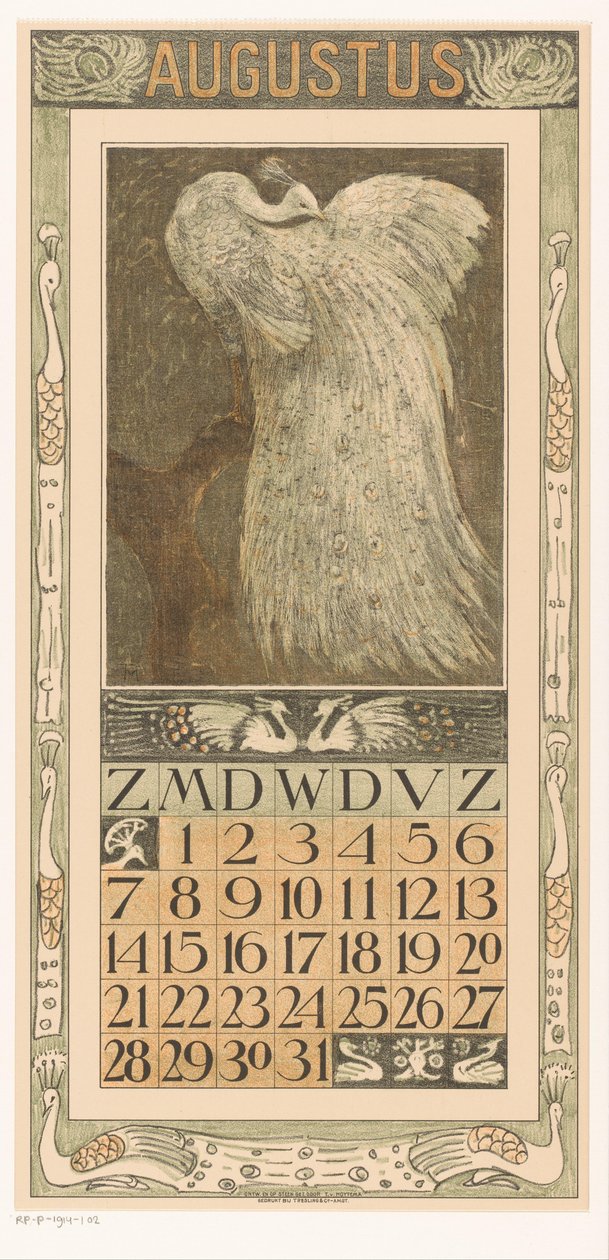 带有白孔雀的八月日历张
1910 年日历 12 幅石版画，作者 Th. v. Hoytema（系列名称） 作者 西奥·范·霍特玛