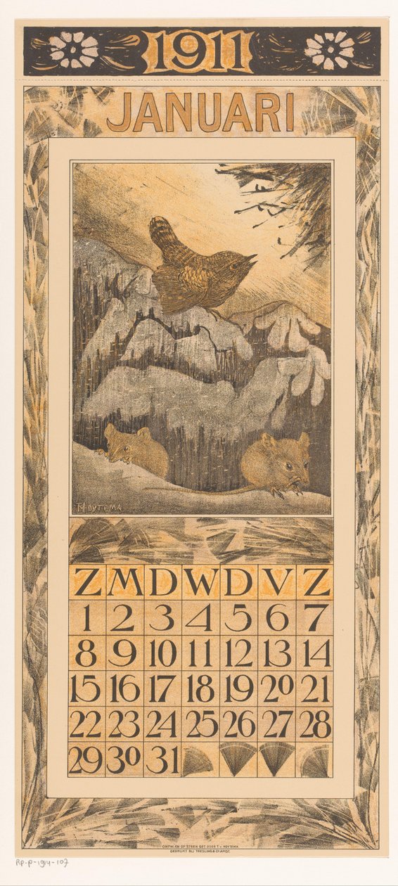 带有鹪鹩和老鼠的一月日历张
1911 年日历 12 幅石版画，作者 Th. v. Hoytema（系列名称） 作者 西奥·范·霍特玛