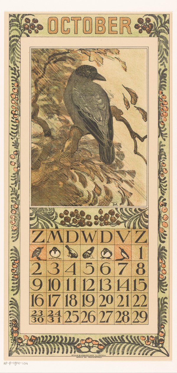 带头罩乌鸦的十月日历表
1910 年日历 12 幅石版画，作者 Th. v. Hoytema（系列标题） 作者 西奥·范·霍特玛