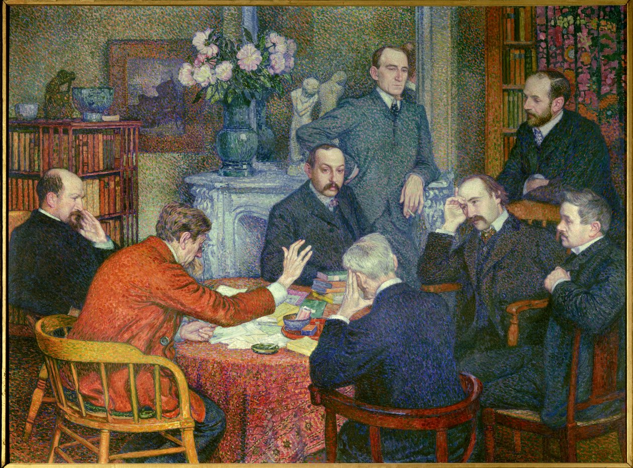 La Lecture (1903)，围绕比利时社会主义诗人Emile Verhaeren (1855-1916)、画家Cross、作家Maurice Maeterlinck、Andre Gide和Francis Viele-Griffin、生物学家Henri Gheon、医生Felix Le Dantec和抽着烟的Felix Feneon而上演，s 作者 范·雷塞尔伯格（Théovan Rysselberghe）