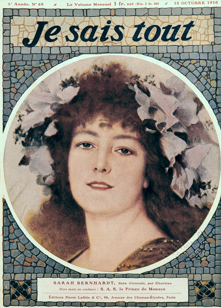 Sarah Bernhardt（1844-1923）在Gismonda by Victorien Sardou（1831-1908）的封面“我知道所有人”，1910年10月15日 作者 塞巴德·查特兰