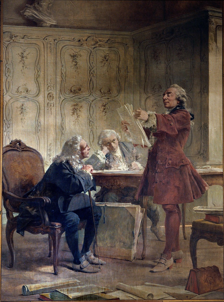 The naturalist and intendant of the Jardin du roi Georges-Louis Leclerc, Count of Buffon (1707-1788) reads the first sheets of his natural history deal in front of the botanist Bernard de Jussieu (1699-1777) and the naturalist Edme-Louis Daubenton (1732-17 作者 塞巴德·查特兰