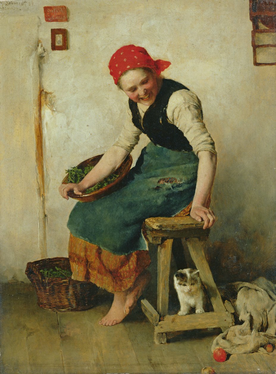 一只猫的年轻女孩，1884年（纸上油） 作者 西奥多·施密特（Theodor Schmidt）