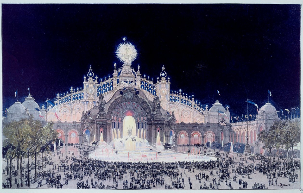 万国展览：“1900 年巴黎电力宫和水城堡景观”，西奥多·约瑟夫·休伯特·霍夫鲍尔 (1839-1922) 的印刷品，被称为费多·霍夫鲍尔。 1900 巴黎，卡纳瓦莱博物馆 作者 西奥多·约瑟夫·休伯特·霍夫鲍尔