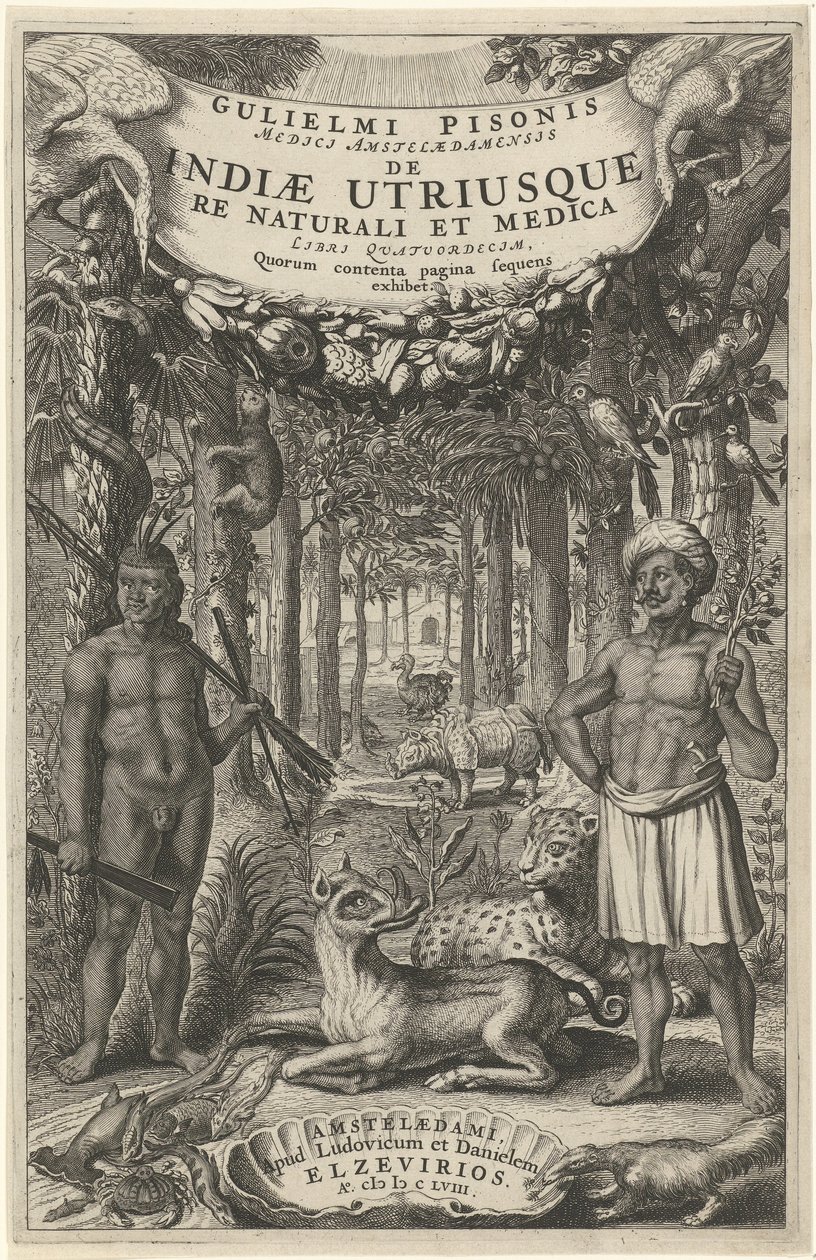 森林前的两个人和野生动物 扉页：Indiae Utriusque，1658 作者 西奥多·马瑟姆