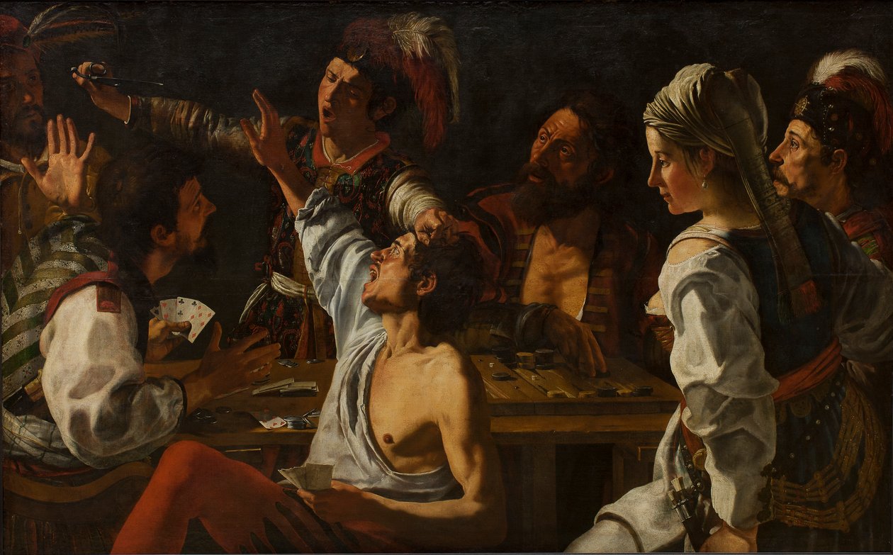 纸牌和西洋双陆棋玩家。争夺卡，c。 1620-30（布面油画） 作者 西奥多·罗姆特斯
