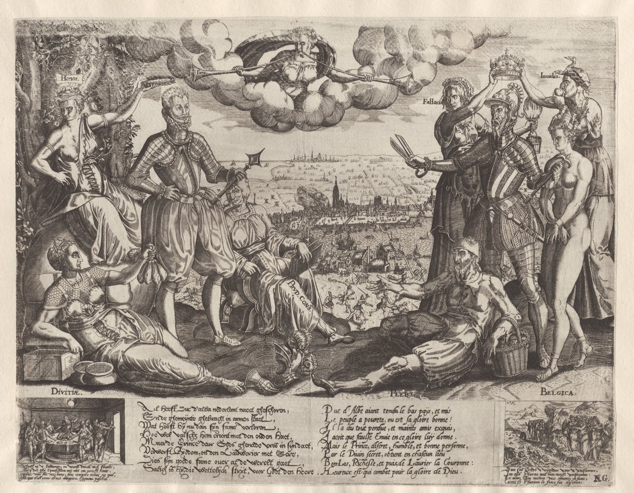 奥兰治与阿尔瓦的对比，背景为西班牙 Furie，约 1577 年 作者 Theodor de Bry (归因于)