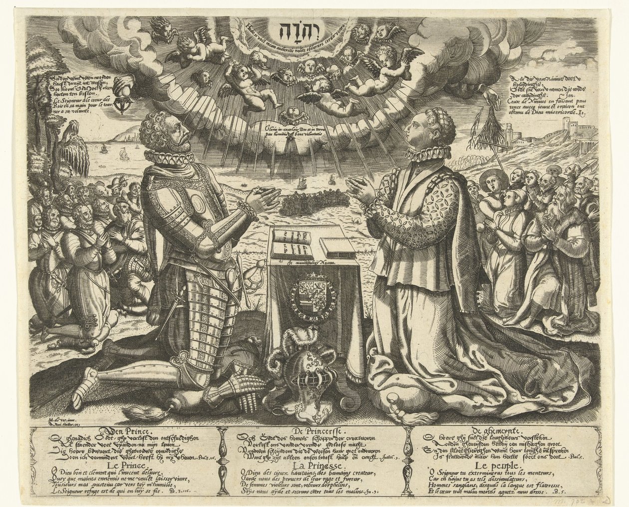 威廉-奥兰治和夏洛特-波旁在风景中跪拜 作者 Theodor de Bry (归因于)