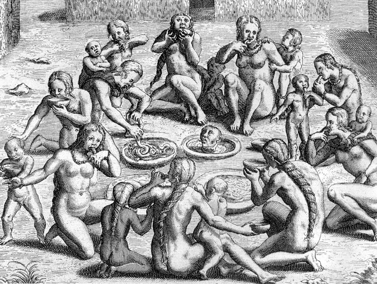 《肠子里的肉汤：新世界（亚马逊流域）印第安人的同类相食》，西奥多·德·布赖 (Theodore de Bry) 为 1578 年出版的书《Le Voyage au Brezil de Jean de Lery 1556-1558》雕刻 作者 西奥多·德·布赖
