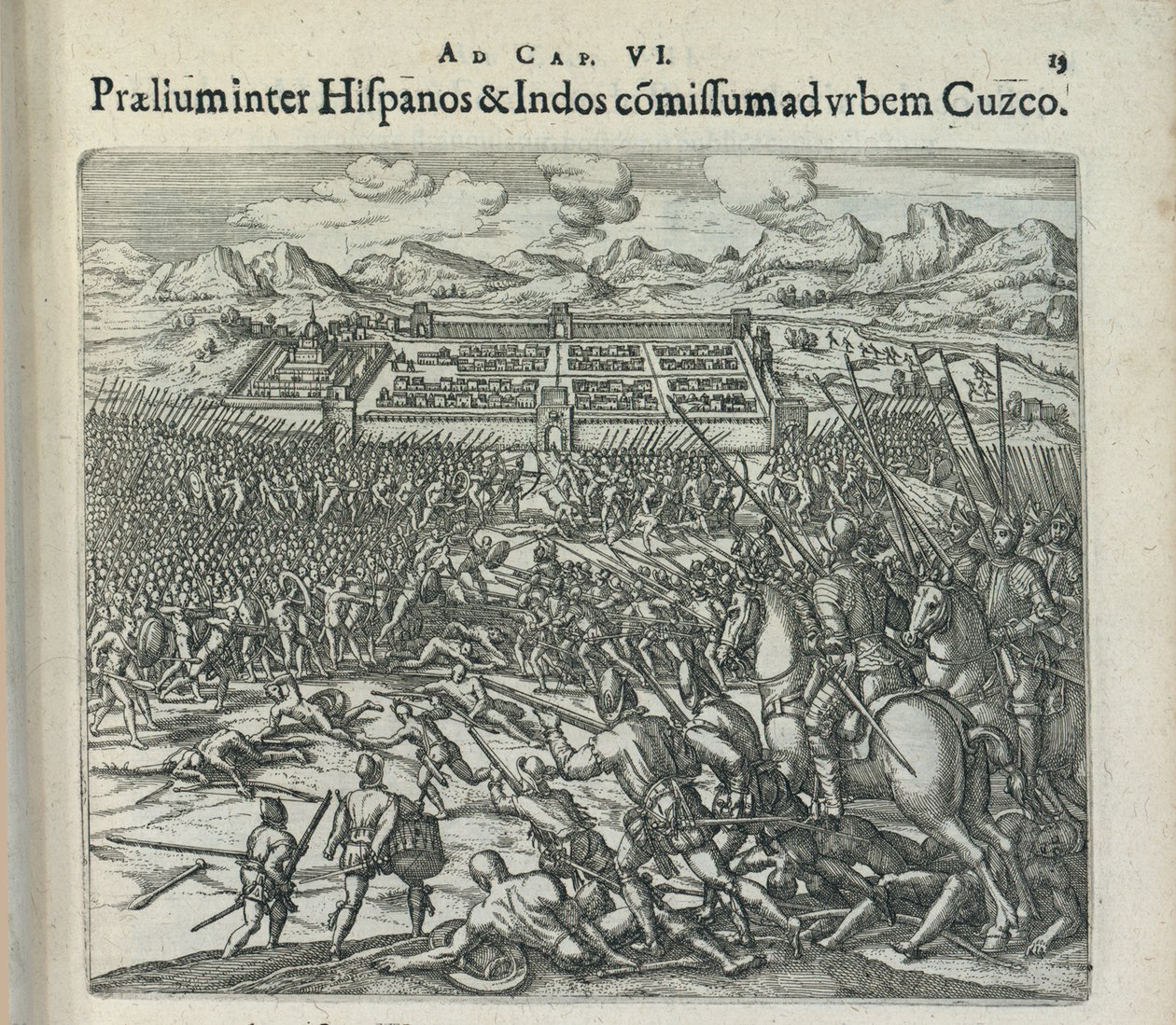 西班牙人和印第安人在库斯科城门的战斗，1596年。 作者 西奥多·德·布赖