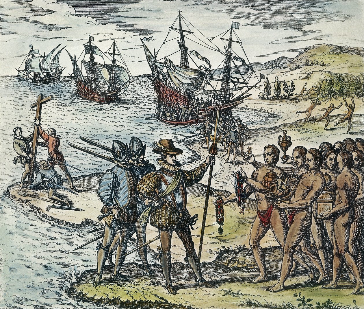 哥伦布在印度群岛登陆。 1594（木刻） 作者 西奥多·德·布赖