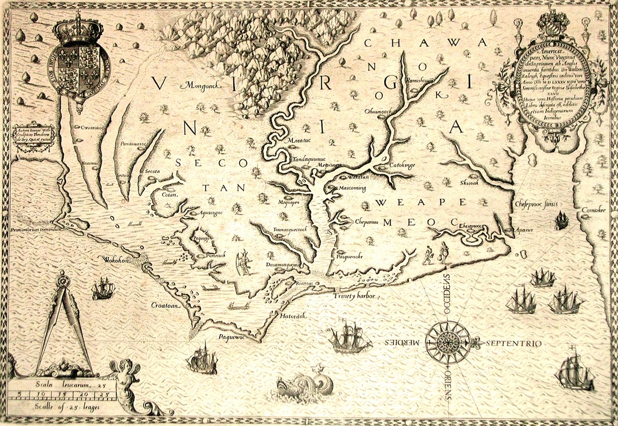 1590 年地图，由西奥多·德·布里 (Theodore de Bry) 根据英国殖民者罗阿诺克总督约翰·怀特 (John White) 的水彩画雕刻而成。 弗吉尼亚州和海岸有小岛屿和河口的罗阿诺克。 Secotan 和 Weapemeoc 的故乡。 作者 西奥多·德·布赖