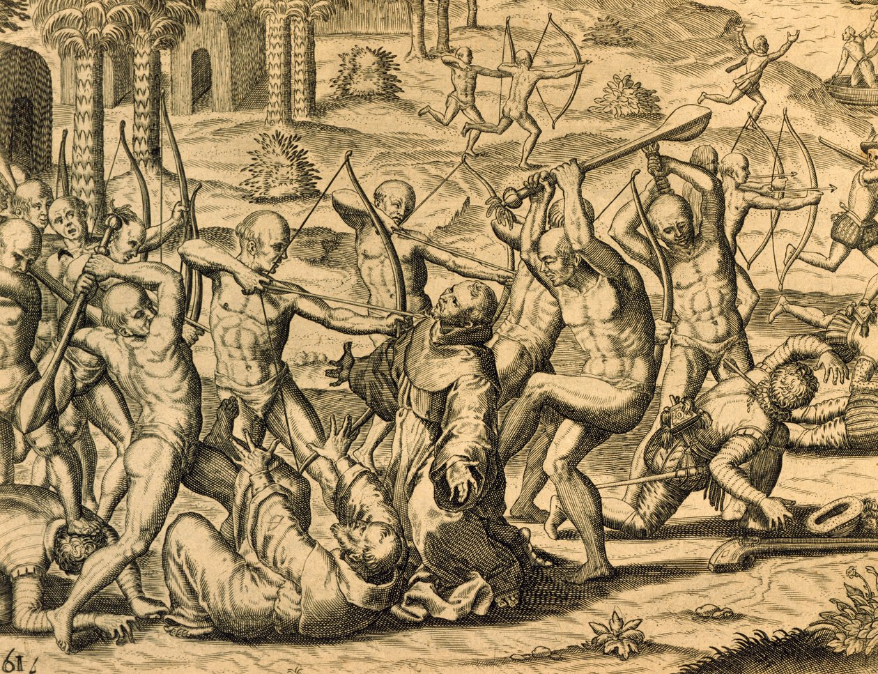 南美传教士的殉难，《美洲历史》雕刻，西奥多·德·布赖 (Theodor de Bry)（1528-1598 年）绘制，法兰克福 作者 西奥多·德·布赖
