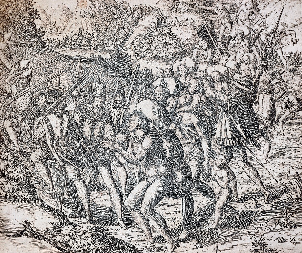 在塞维利亚，当地人被送上船成为奴隶，Theodor de Bry（1528-1598 年）雕刻，安的列斯群岛 作者 西奥多·德·布赖